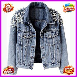 Denim Jacket with Pearl Embroidery Distressed Boyfriend Fit Long Sleeve